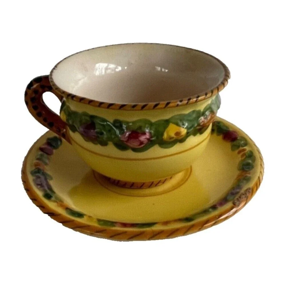 Vtg BITOSSI Italy Della Robbia Coffee Set Cups Saucers Sugar Hand Painted Yellow